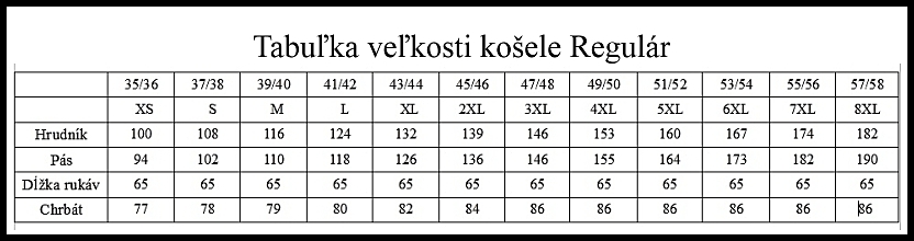 tabulka velkosti kosele regula